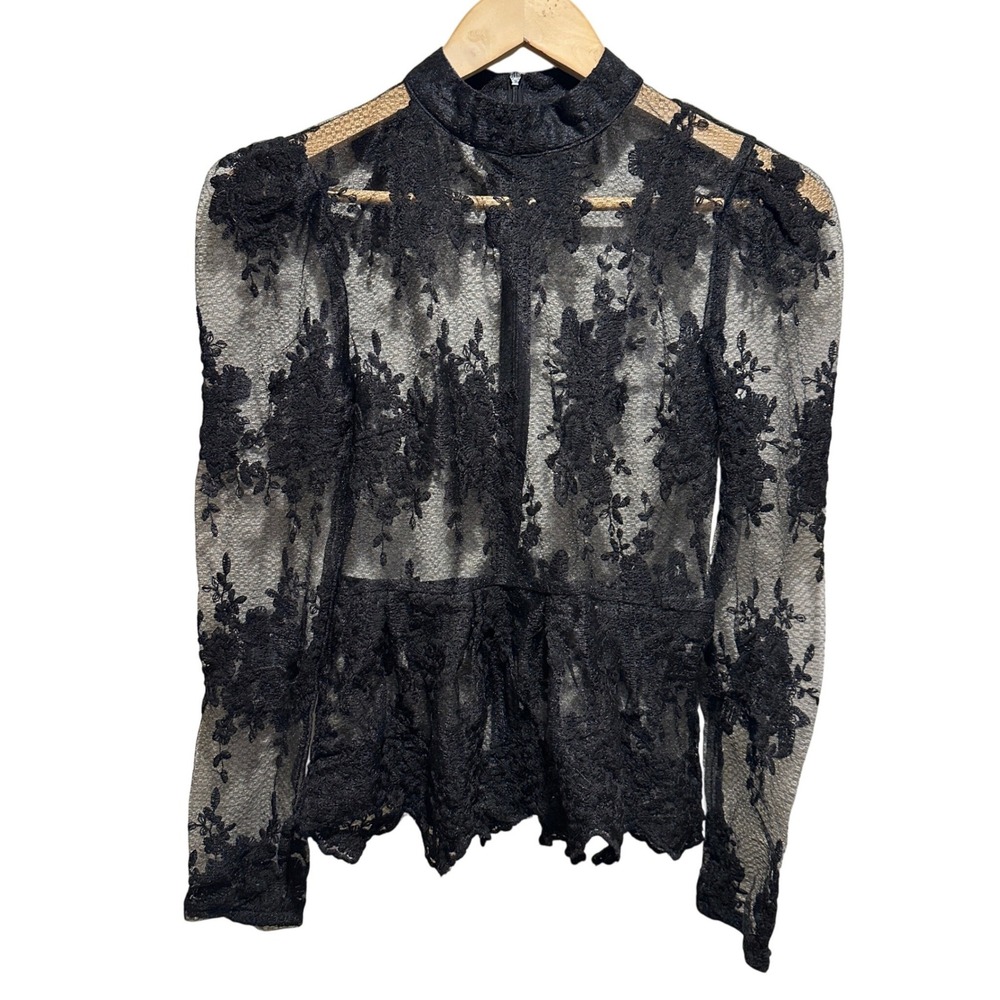 Sheer Lace Floral Peplum Blouse Womens Small Black Mock Neck Floral Gothic Chic